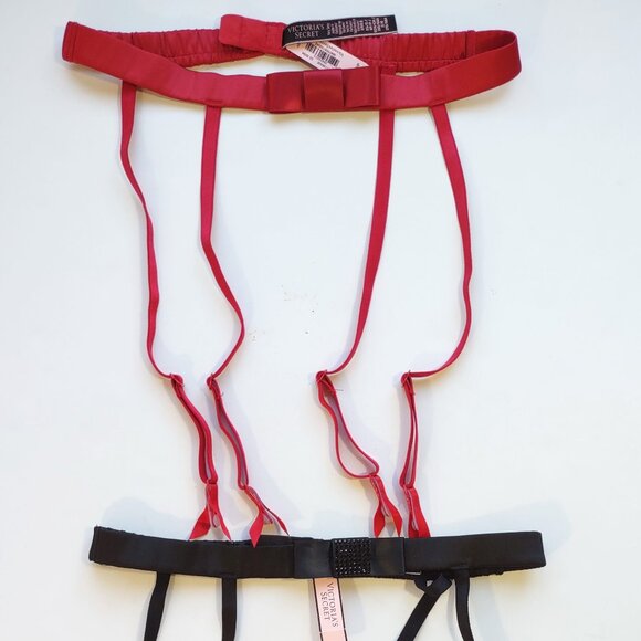 Victoria Secret Very Sexy Red Satin-Black Rhinestone Bow Garter Belts XS/S  2 Pc - Picture 2 of 8
